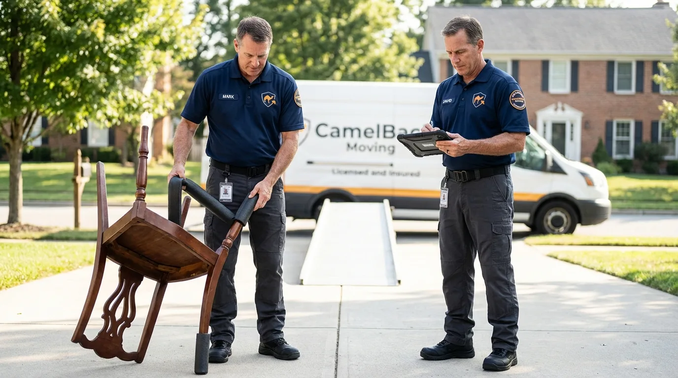 Movers inspecting furniture for damage prevention before loading in Perry, MI