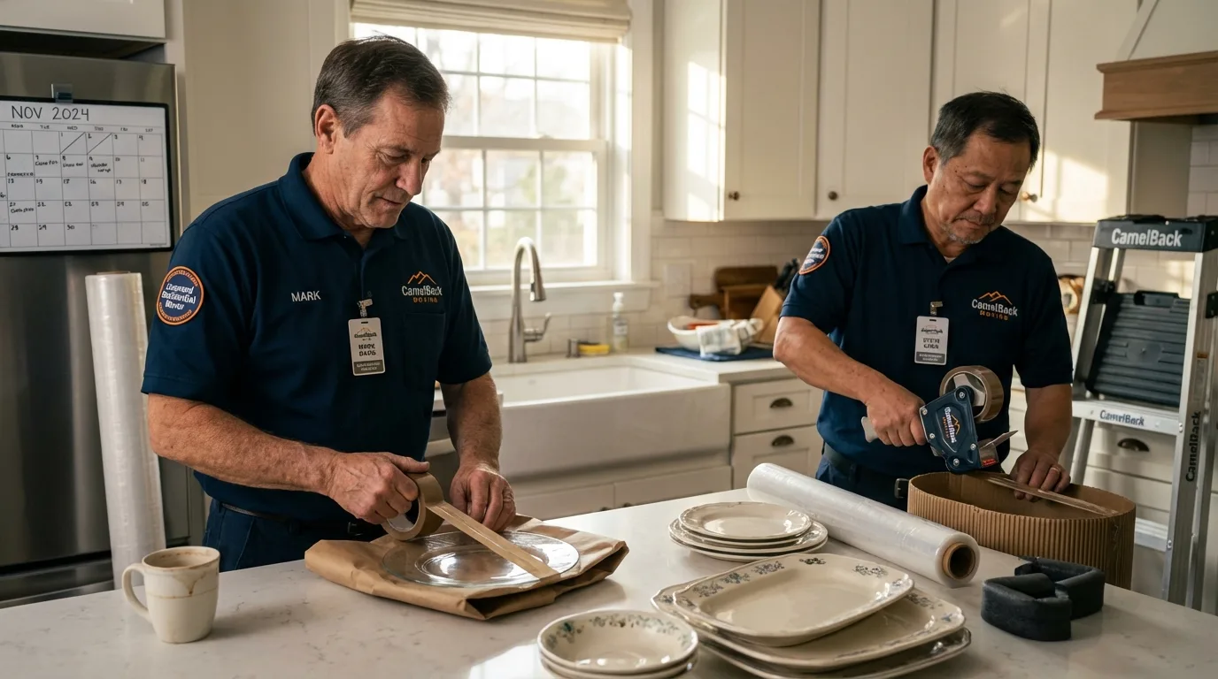 Professional crew packing kitchen dishware in Perry, MI